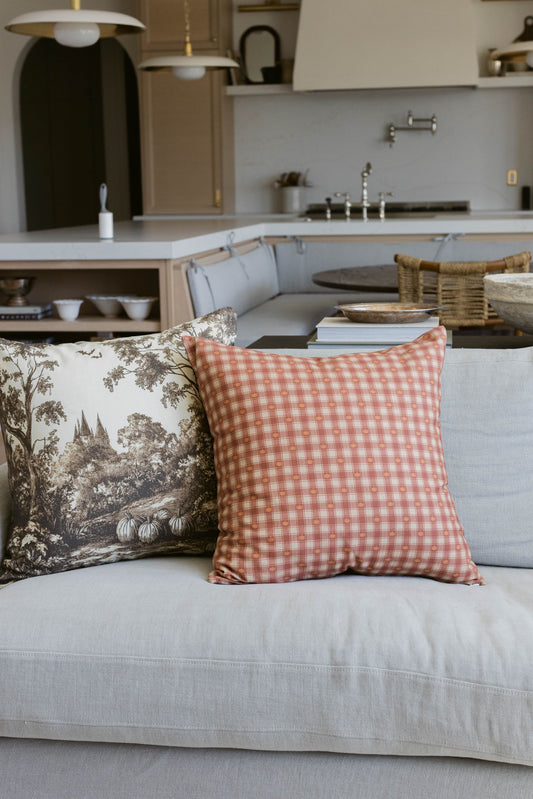 Four decorative pillows on a beige sofa featuring toile, gingham, and solid patterns in cream, coral, and blue tones.