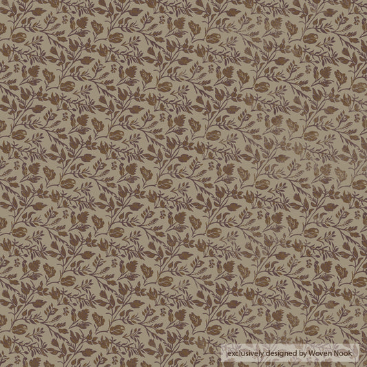 Beige fabric with brown botanical leaf and vine pattern throughout.