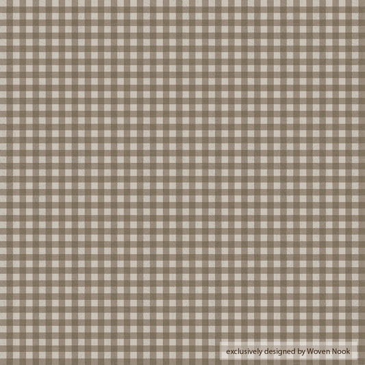 Tan and cream gingham check pattern fabric in small even squares.