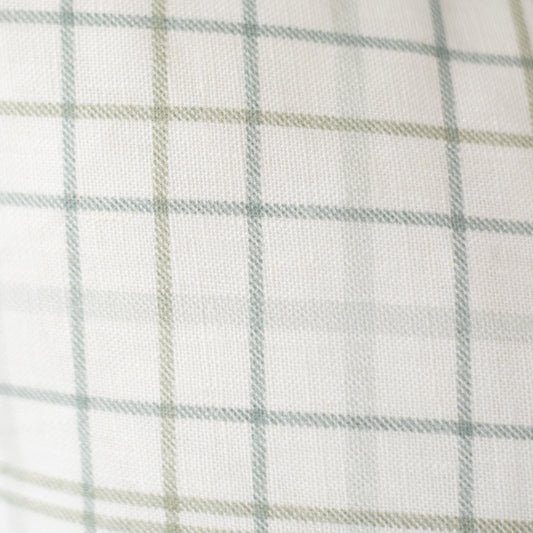 Cream linen with sage green and gray plaid pattern.