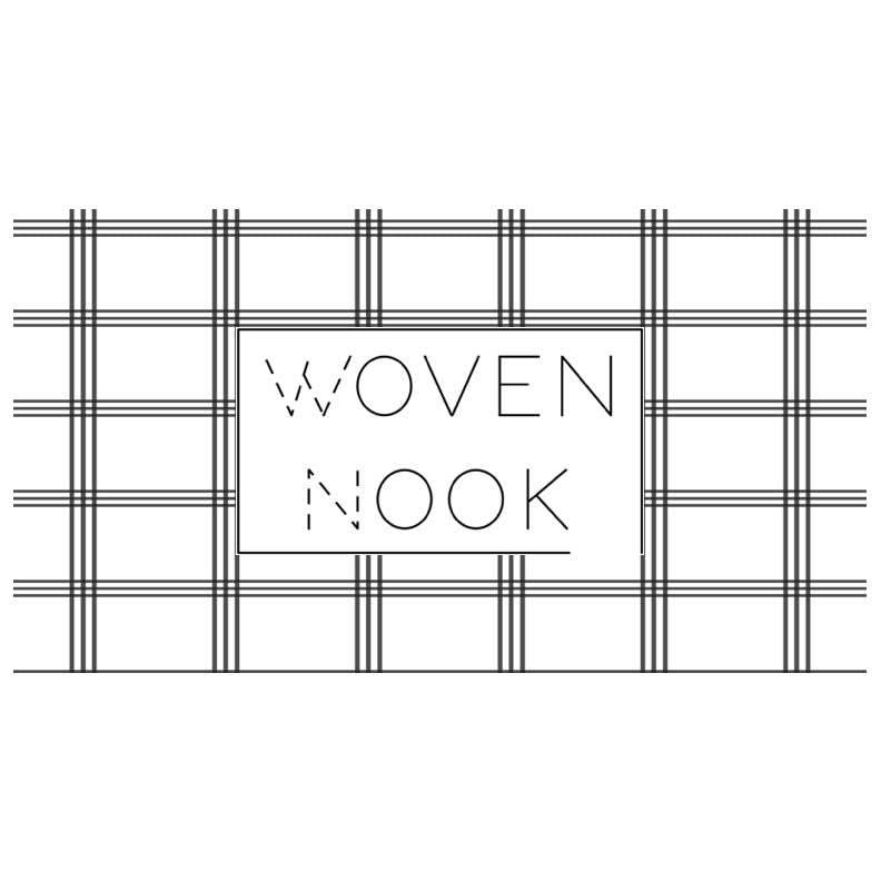 Woven Nook gift card with black text on white background and plaid pattern border.