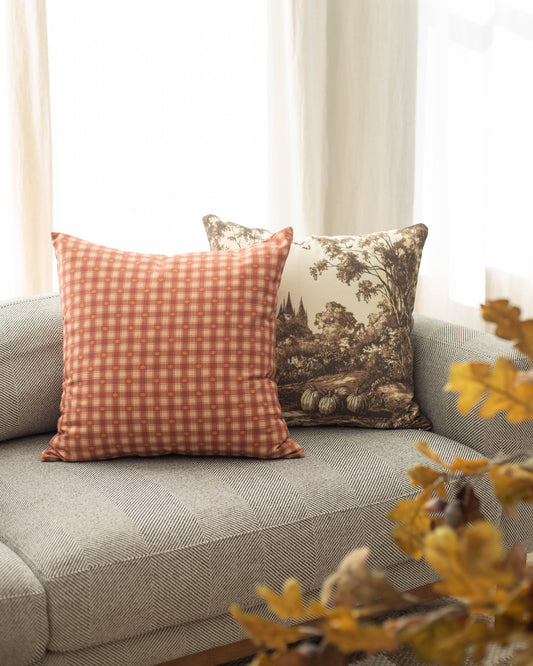 Two decorative pillows on a gray couch: one with coral and white gingham pattern, one with sepia landscape scenery.