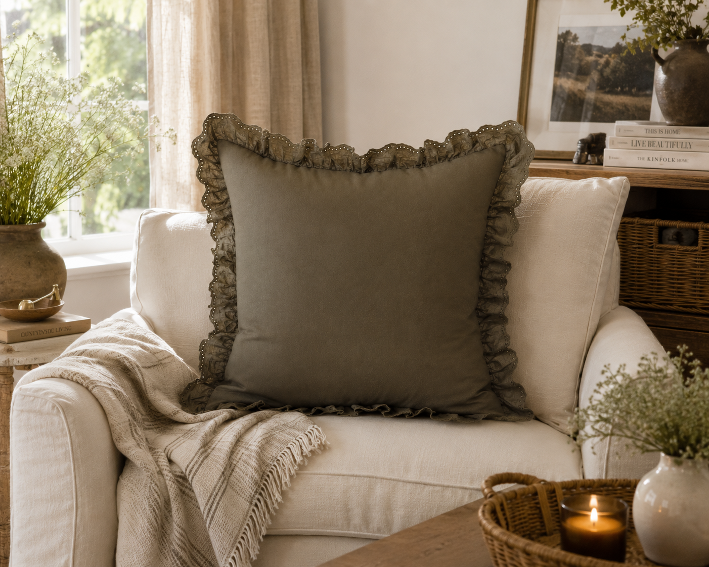 Dark olive rectangular pillow with ruffled eyelet trim edges, displayed on a cream upholstered chair.