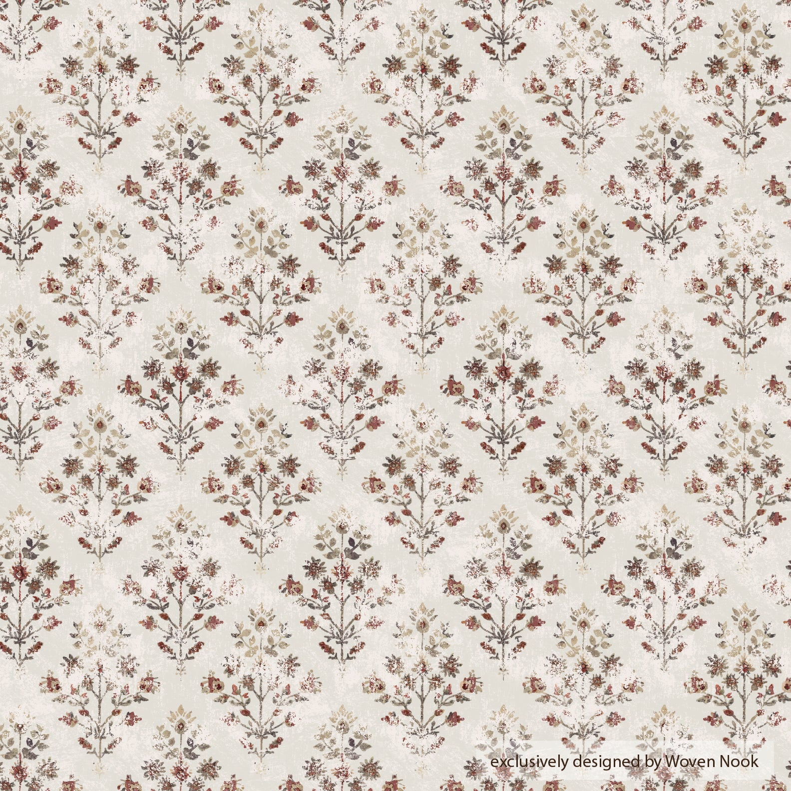 Cream-colored fabric with repeating symmetrical botanical motifs in burgundy, tan, and sage green tones.
