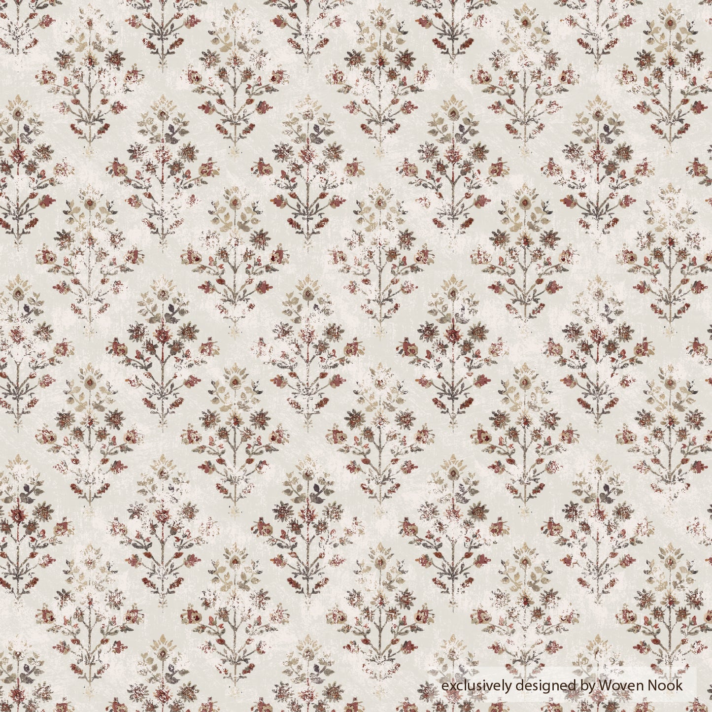 Cream lumbar pillow with repeating pattern of burgundy and tan botanical motifs arranged in vertical rows.
