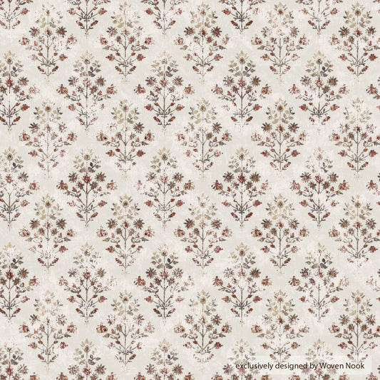 Cream lumbar pillow with repeating pattern of burgundy and tan botanical motifs arranged in vertical rows.