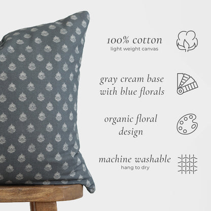 Gray-blue lumbar pillow with cream floral pattern in organic design, 100% cotton canvas.