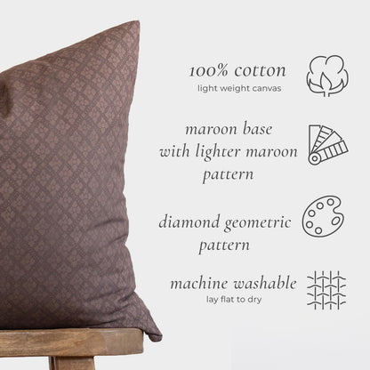 Maroon cushion cover with diamond geometric pattern in lighter shade, 100% cotton canvas.