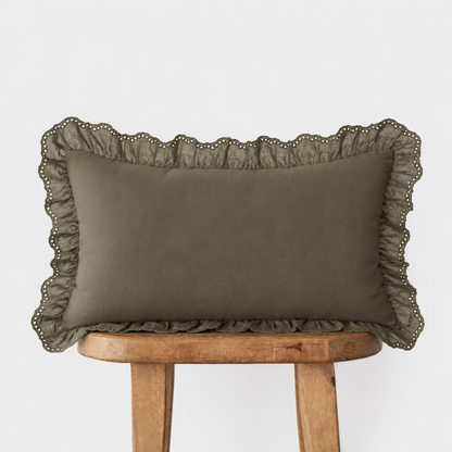 Dark olive rectangular pillow with ruffled eyelet trim edges on all sides.