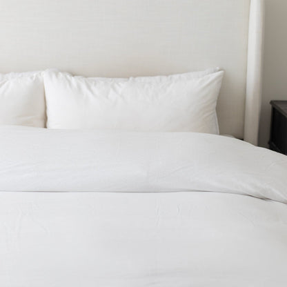 White duvet cover and pillowcases on a made bed against a neutral wall.