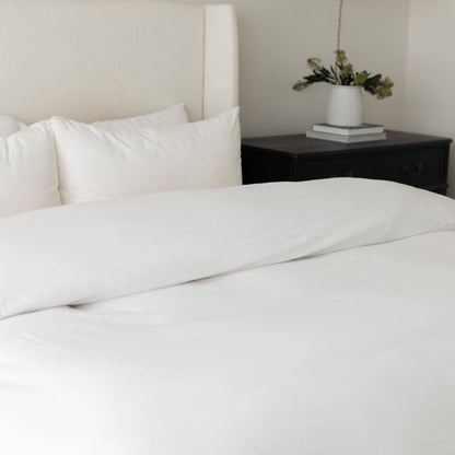 White duvet cover and pillowcases on a king-size bed with white headboard and black nightstand.