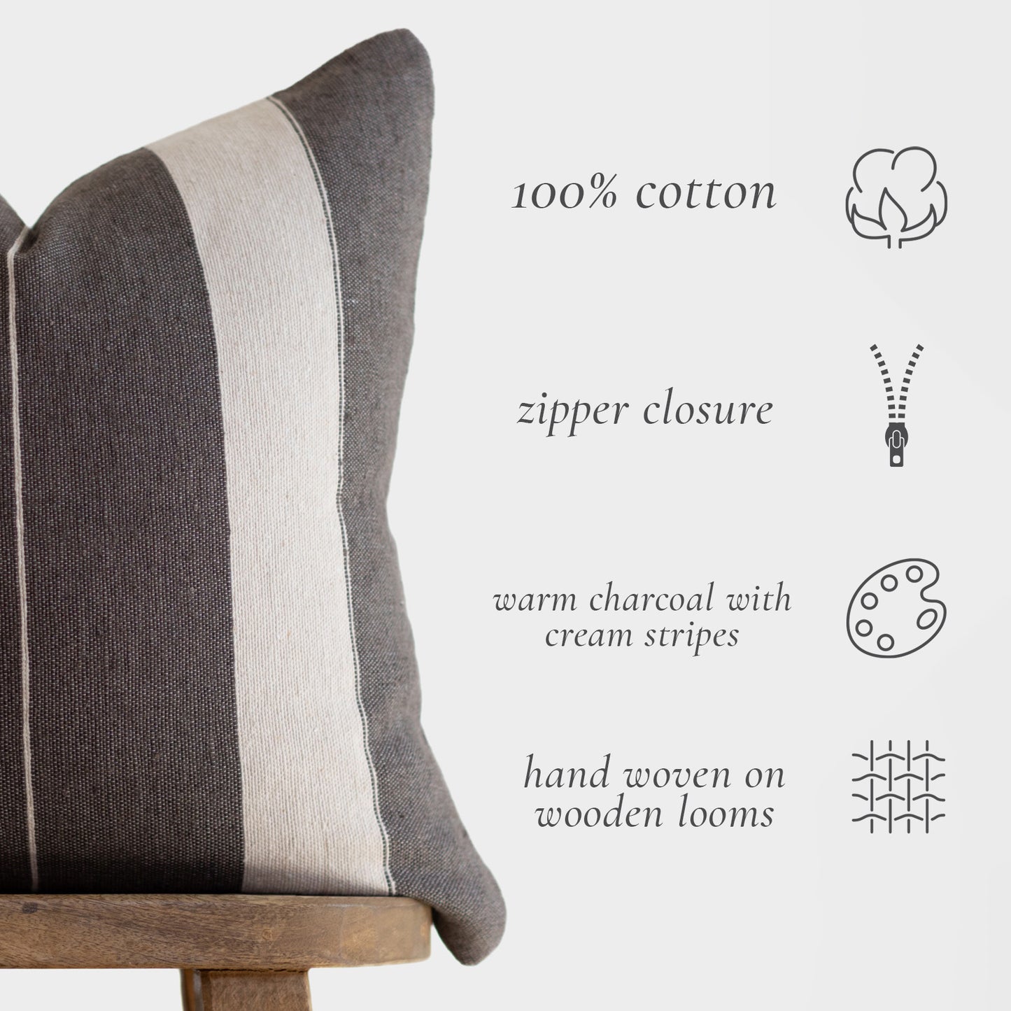 Charcoal and cream striped cotton pillow with zipper closure, 18" x 22".