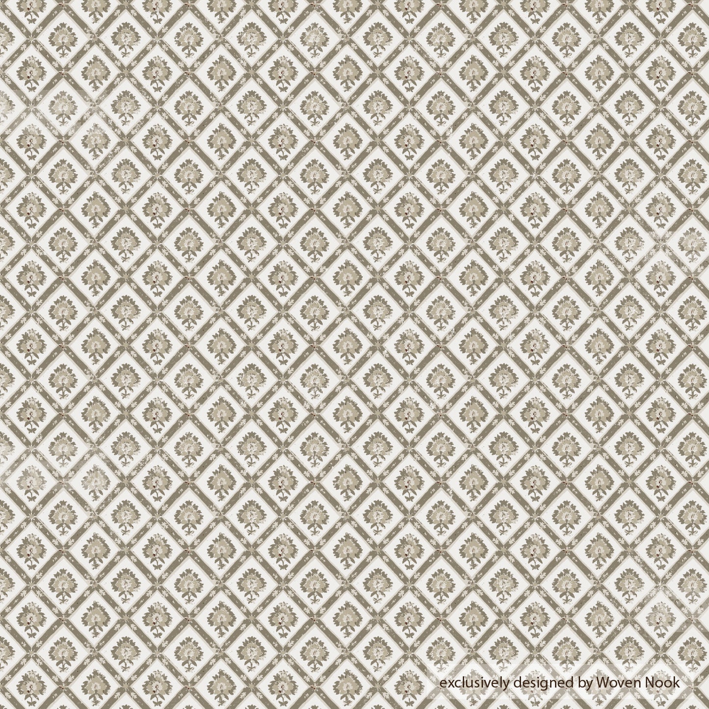 Cream linen fabric with repeating diamond pattern containing small floral motifs in taupe.