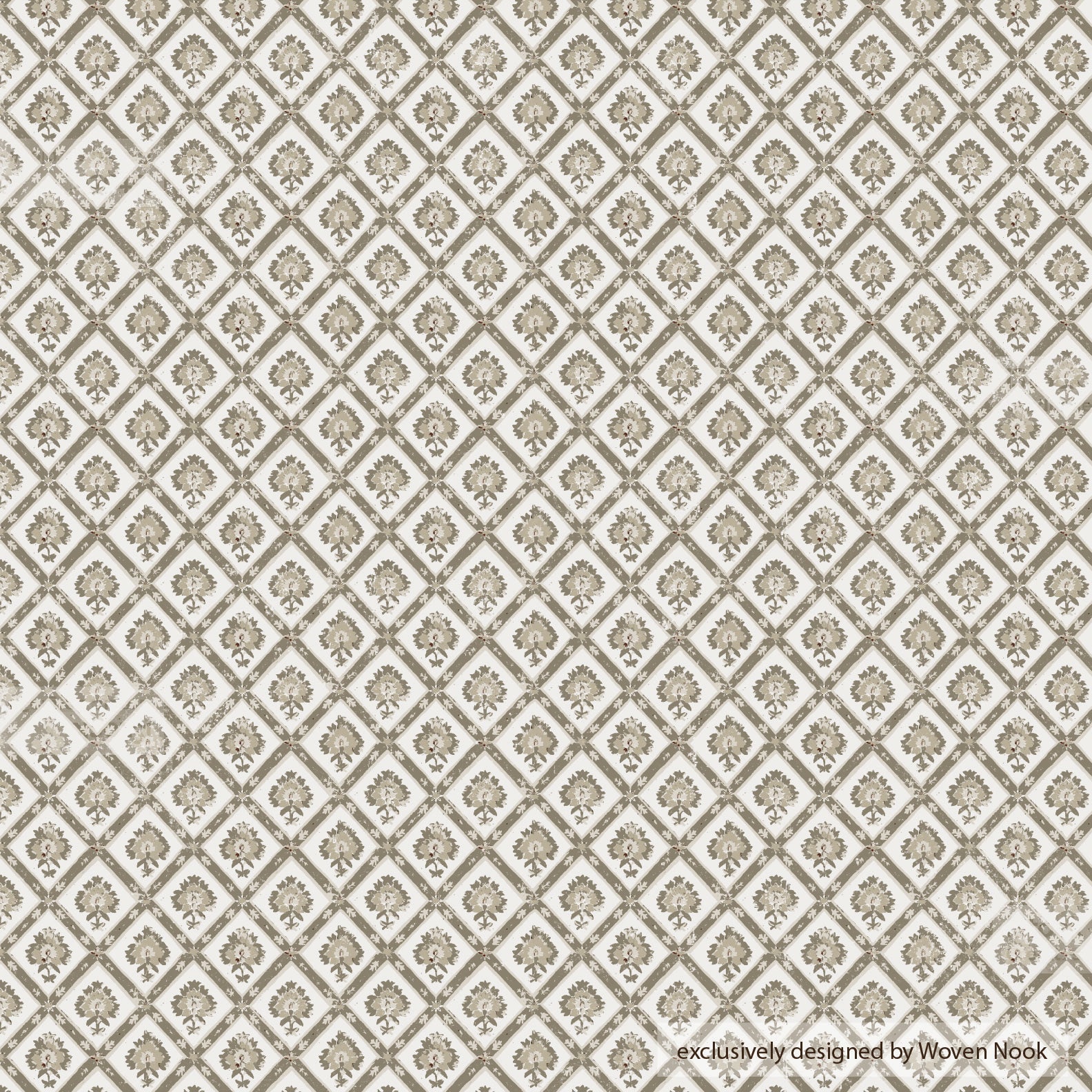 Cream linen fabric with repeating diamond pattern containing small floral motifs in taupe.
