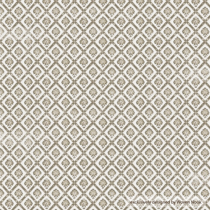 Cream linen fabric with repeating diamond pattern containing small floral motifs in taupe.