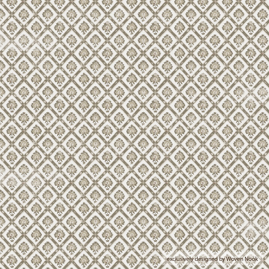 Cream linen fabric with repeating diamond pattern containing small floral motifs in taupe.