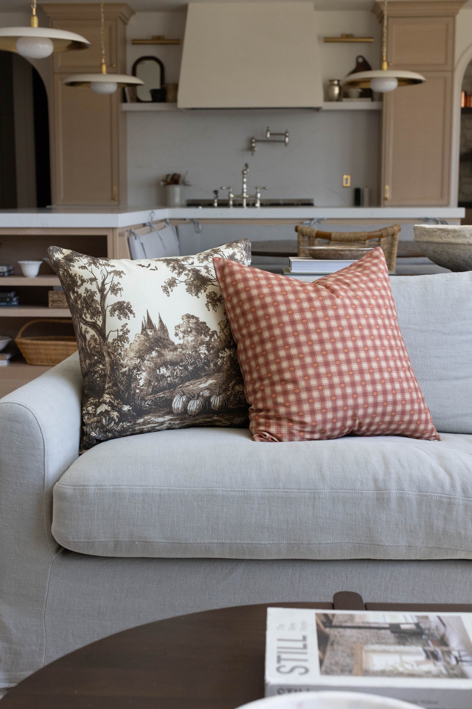 Two decorative pillows on a light gray sofa: one with brown toile woodland scene, one with red and white gingham check patter