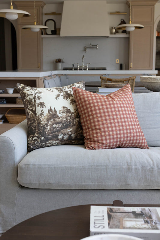 Two decorative pillows on a light gray sofa: one with brown toile woodland scene, one with red and white gingham check patter
