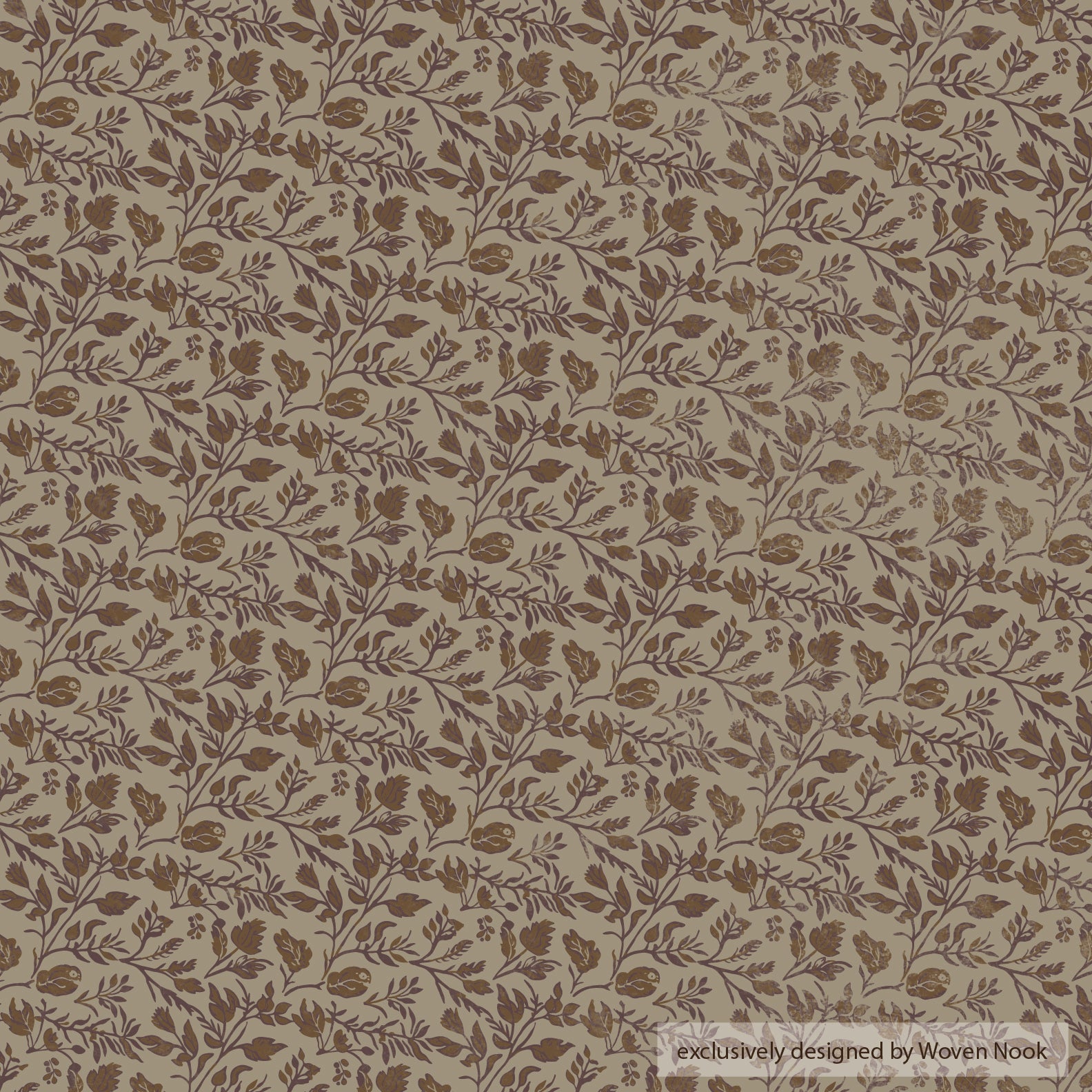 Beige fabric with brown botanical leaf and vine pattern throughout.