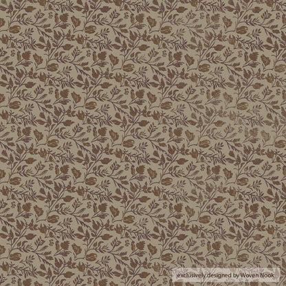 Beige fabric with brown botanical leaf and vine pattern throughout.