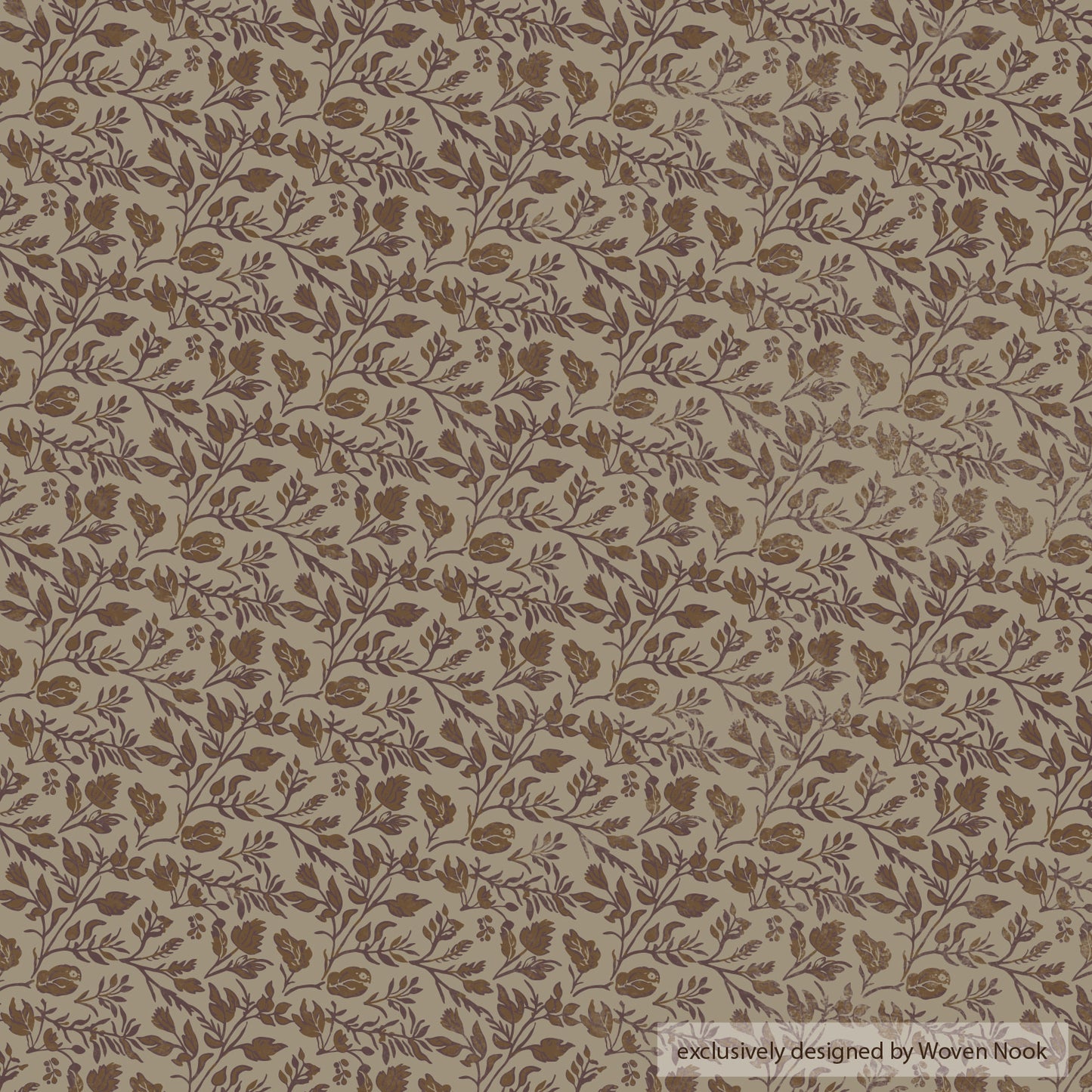 Beige pillow with brown botanical leaves and branches in repeating pattern.