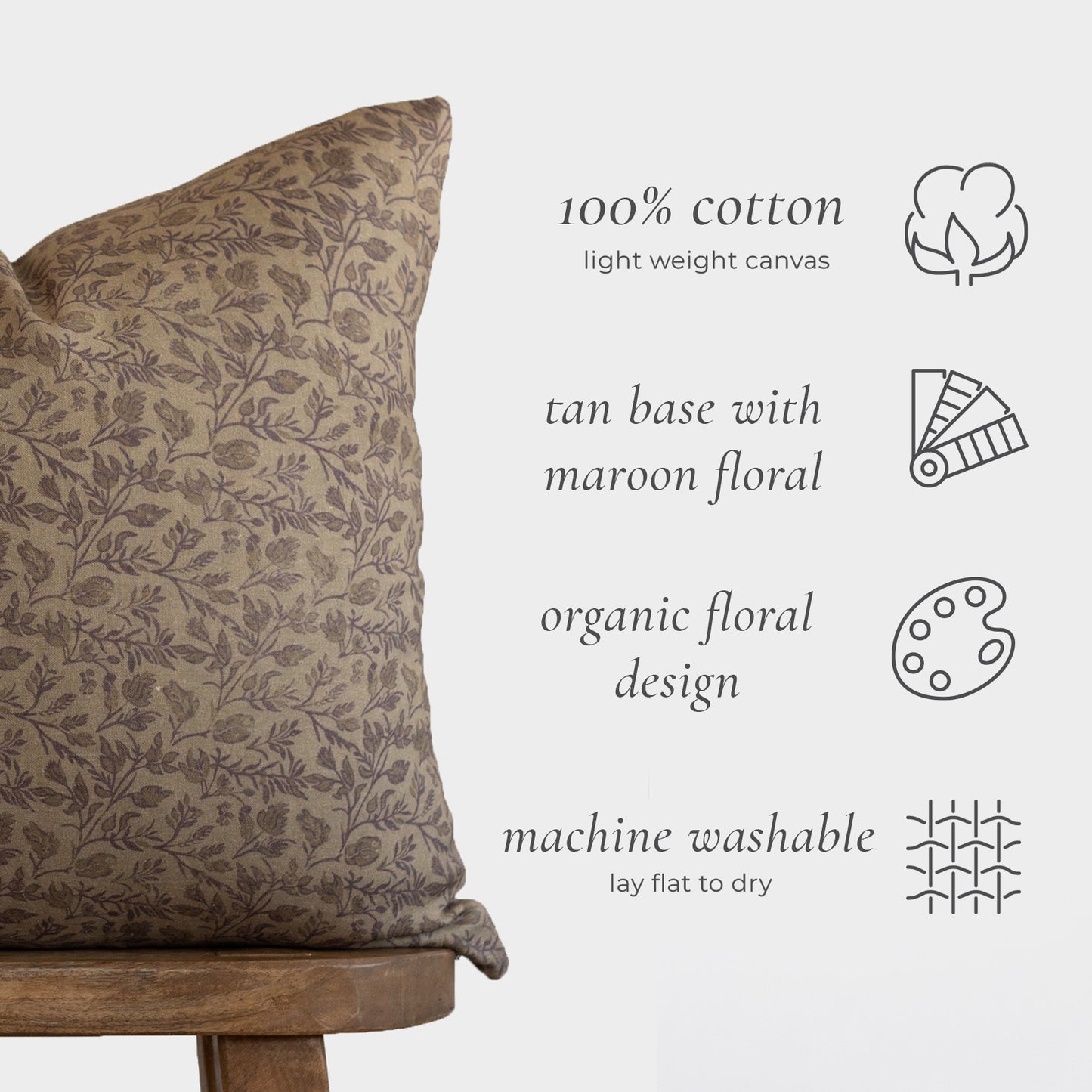 Tan cushion with maroon floral pattern, 100% cotton light-weight canvas, 18" x 22".
