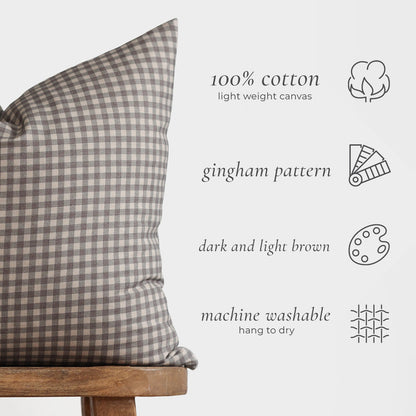 Brown and cream gingham patterned pillow cover in light weight cotton canvas.