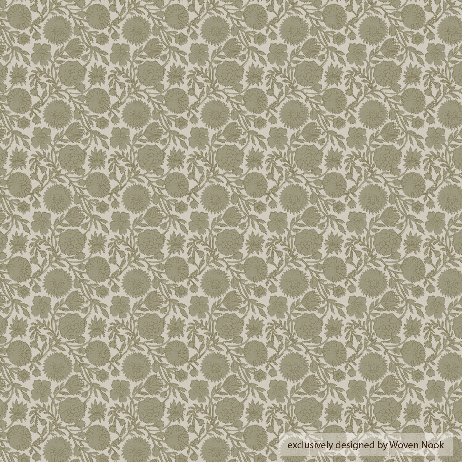 Green and cream botanical print fabric with repeating thistle and leaf pattern.