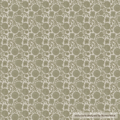 Green and cream botanical pattern with repeating thistle and leaf motifs on lumbar pillow cover.