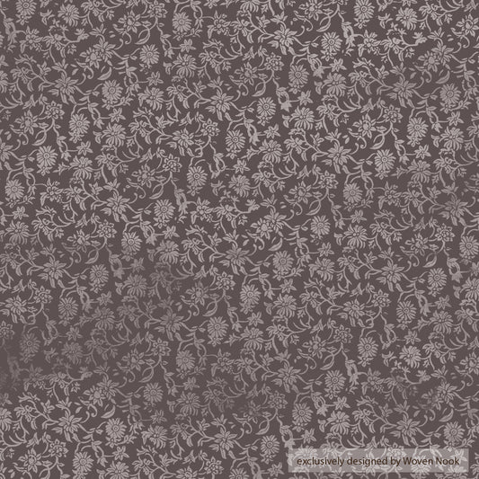 Gray damask floral pattern fabric with vertical stripe panels in multiple widths.