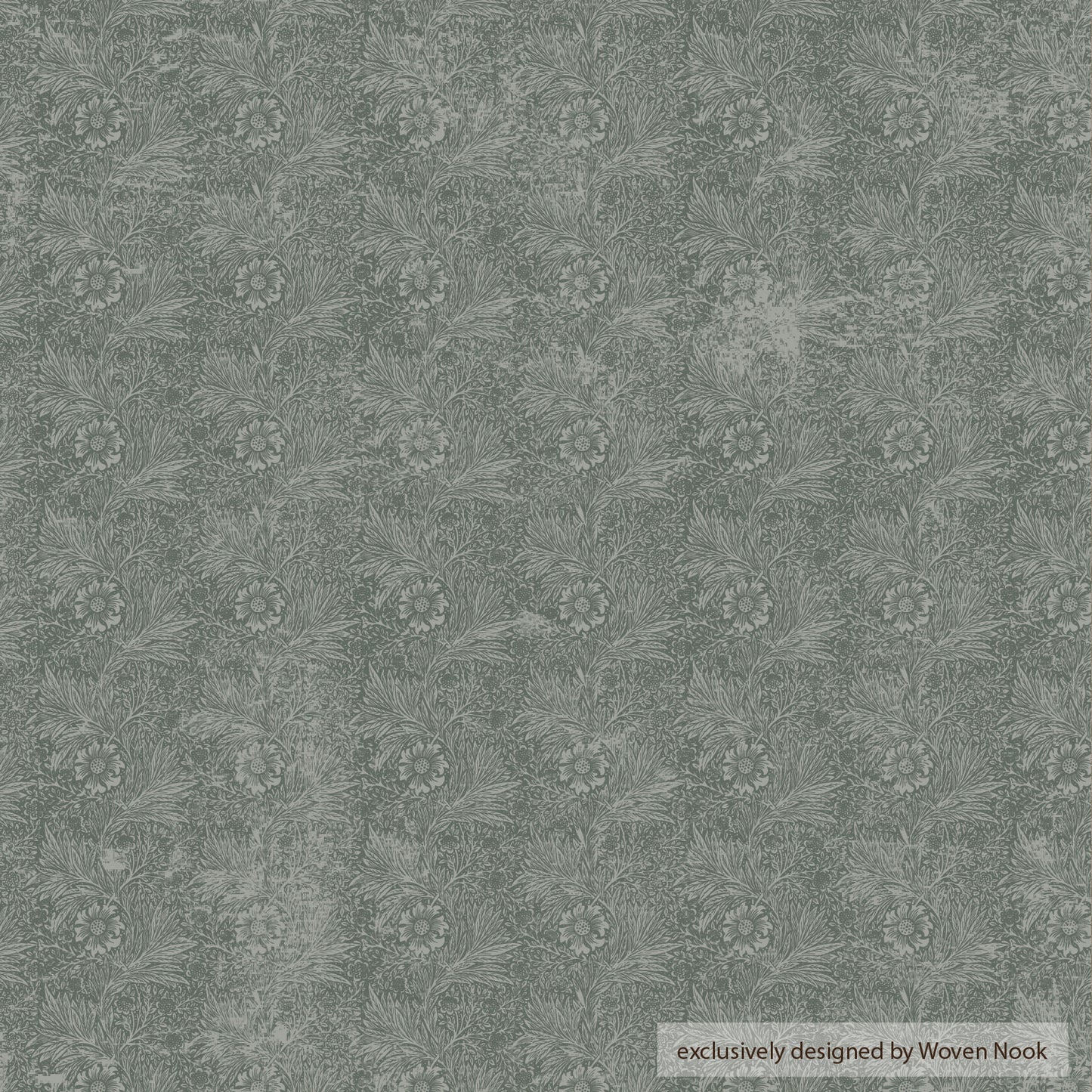 Sage green fabric with repeating floral and leaf pattern throughout.