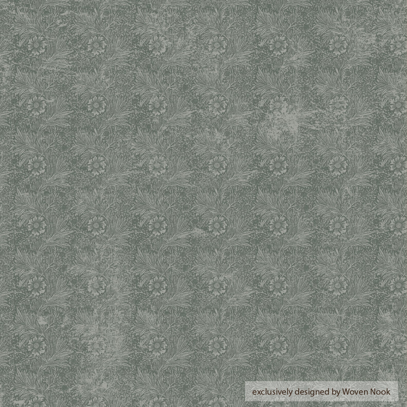 Sage green fabric with repeating floral and leaf pattern throughout.