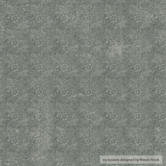 Sage green fabric with repeating floral and leaf pattern throughout.
