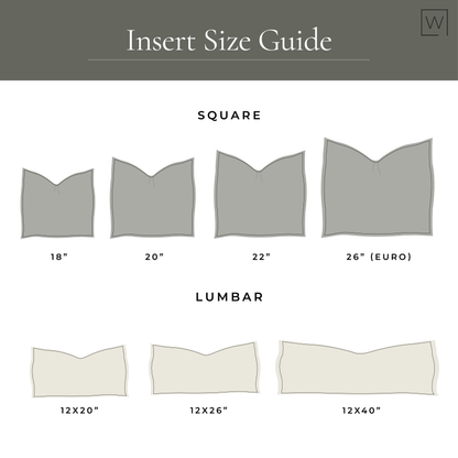 Size guide chart showing square inserts in 18", 20", 22", 26" and lumbar inserts in 12x20", 12x26", 12x40".