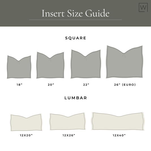 Size guide chart showing square inserts in 18", 20", 22", 26" and lumbar inserts in 12x20", 12x26", 12x40".