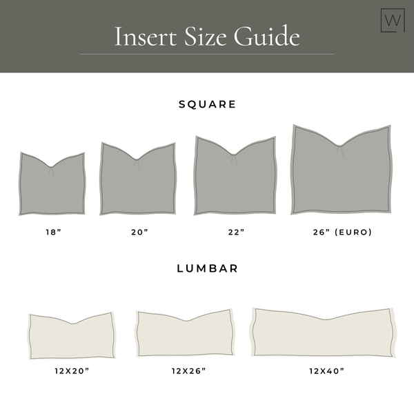 Size guide chart showing square inserts in 18", 20", 22", 26" and lumbar inserts in 12x20", 12x26", 12x40".