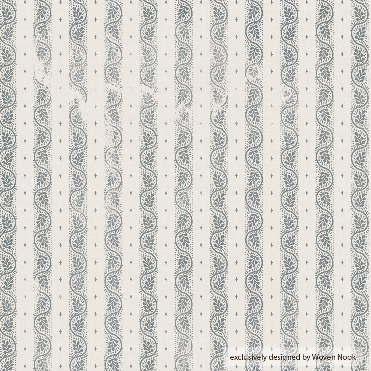 Cream fabric with vertical stripes of gray leafy motifs and small diamond accents throughout.