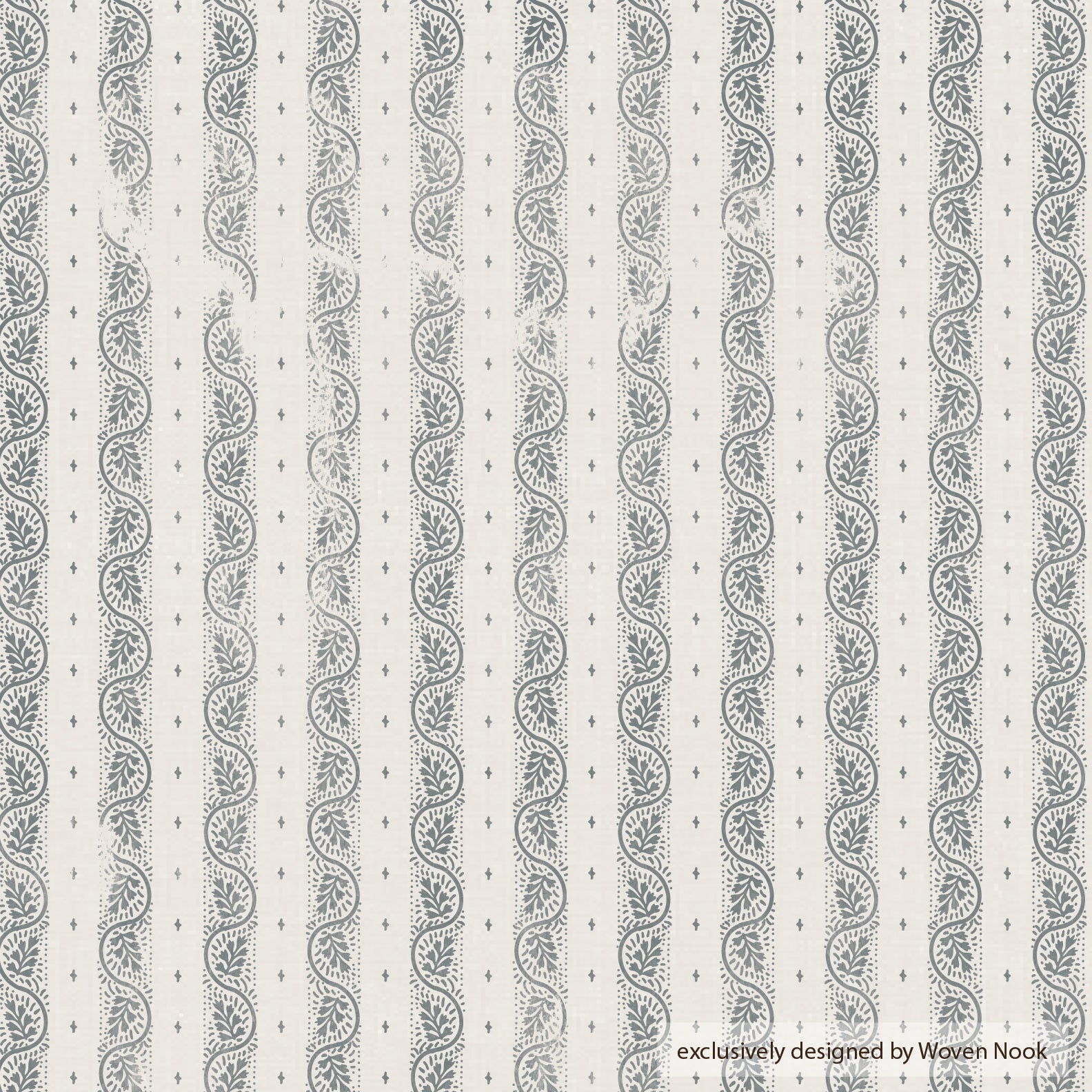 Cream fabric with vertical stripes of gray leafy motifs and small diamond accents throughout.
