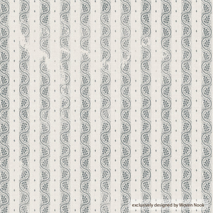 Cream fabric with vertical stripes of gray leafy motifs and small diamond accents throughout.