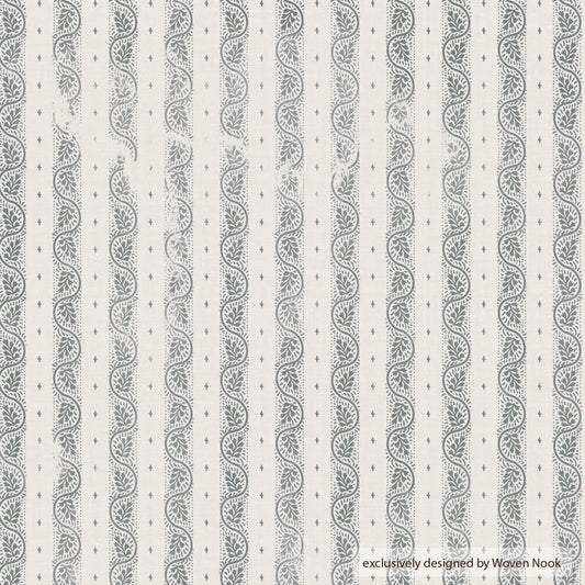 Cream fabric with vertical stripes of gray leafy motifs and small diamond accents throughout.