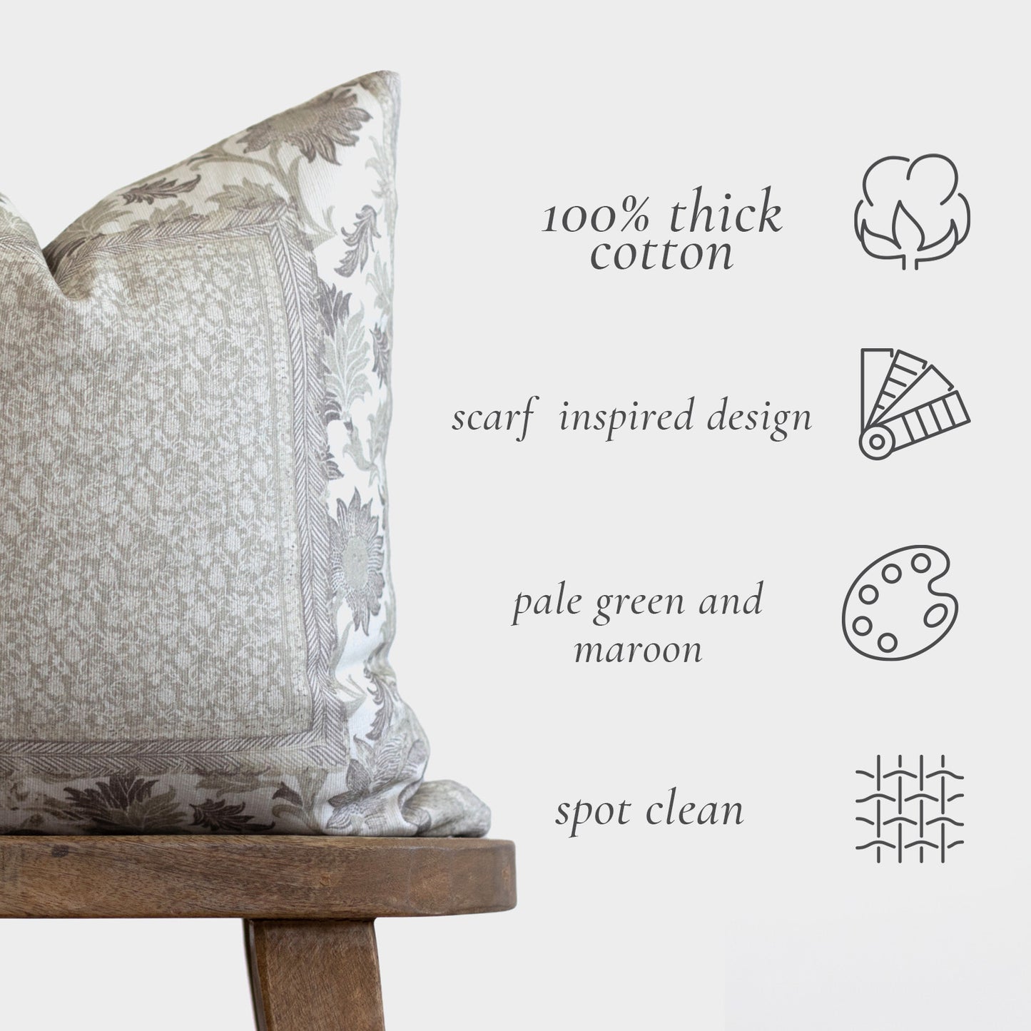 Juliette corduroy pillow with pale green and maroon floral border pattern on neutral textured front.