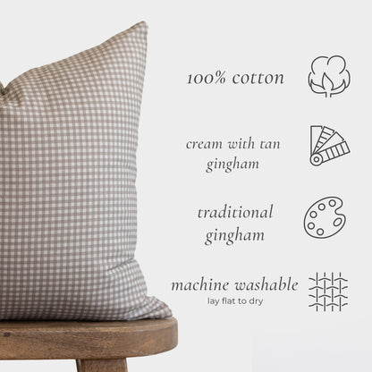 Tan and cream gingham lumbar pillow with small checkered pattern in traditional style.