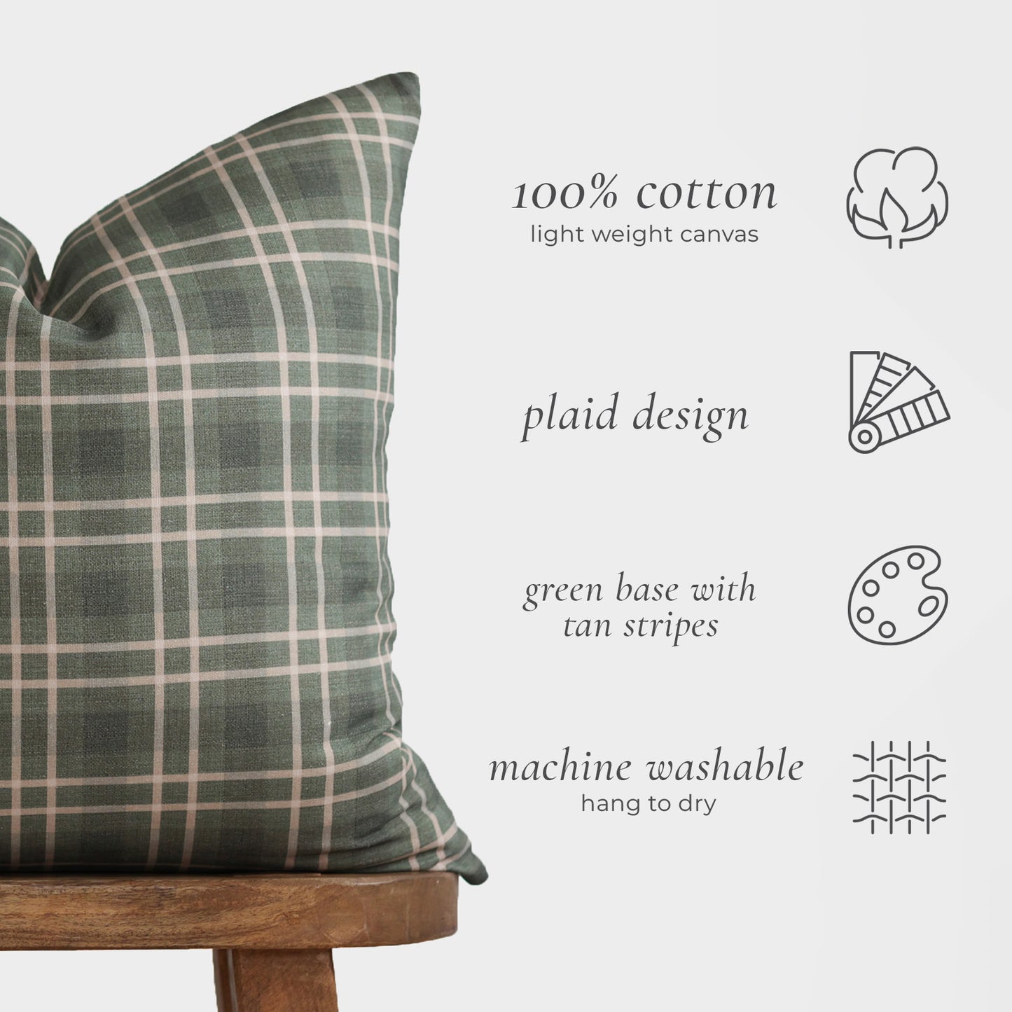 Green and tan plaid cotton pillow cover on wooden stool with product detail icons.