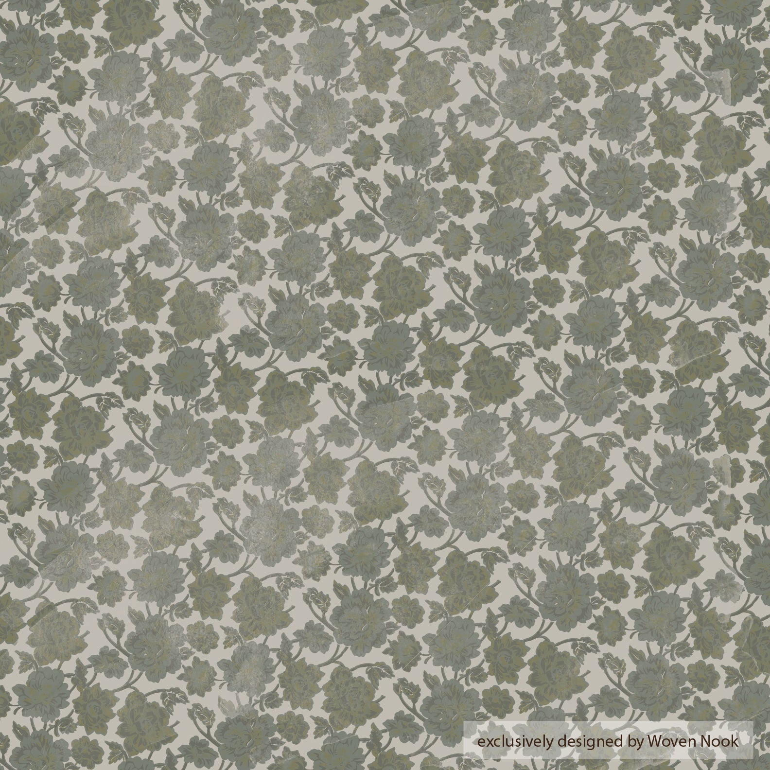 Sage green and cream floral damask pattern fabric with repeating botanical motifs.