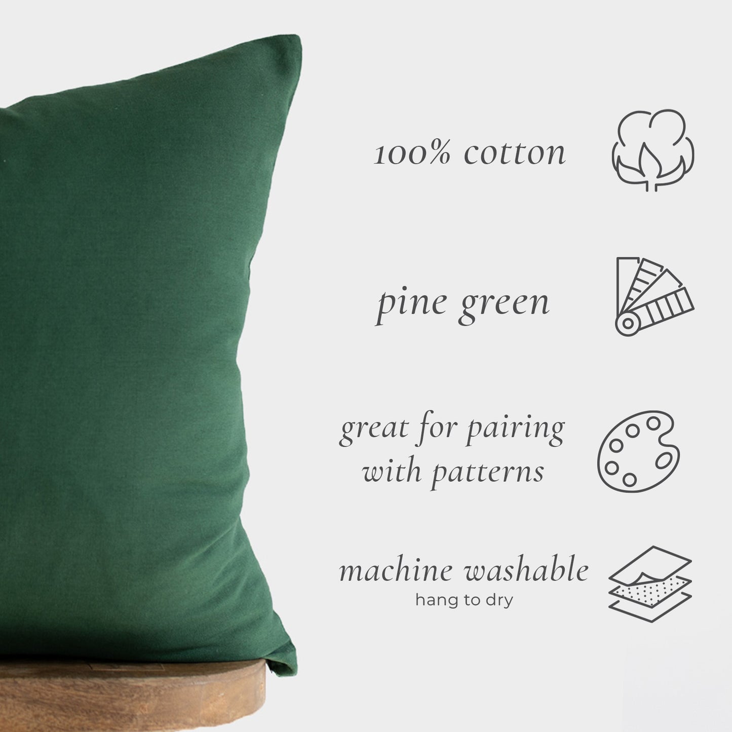 Pine green 100% cotton pillow cover with product care and material details displayed alongside.