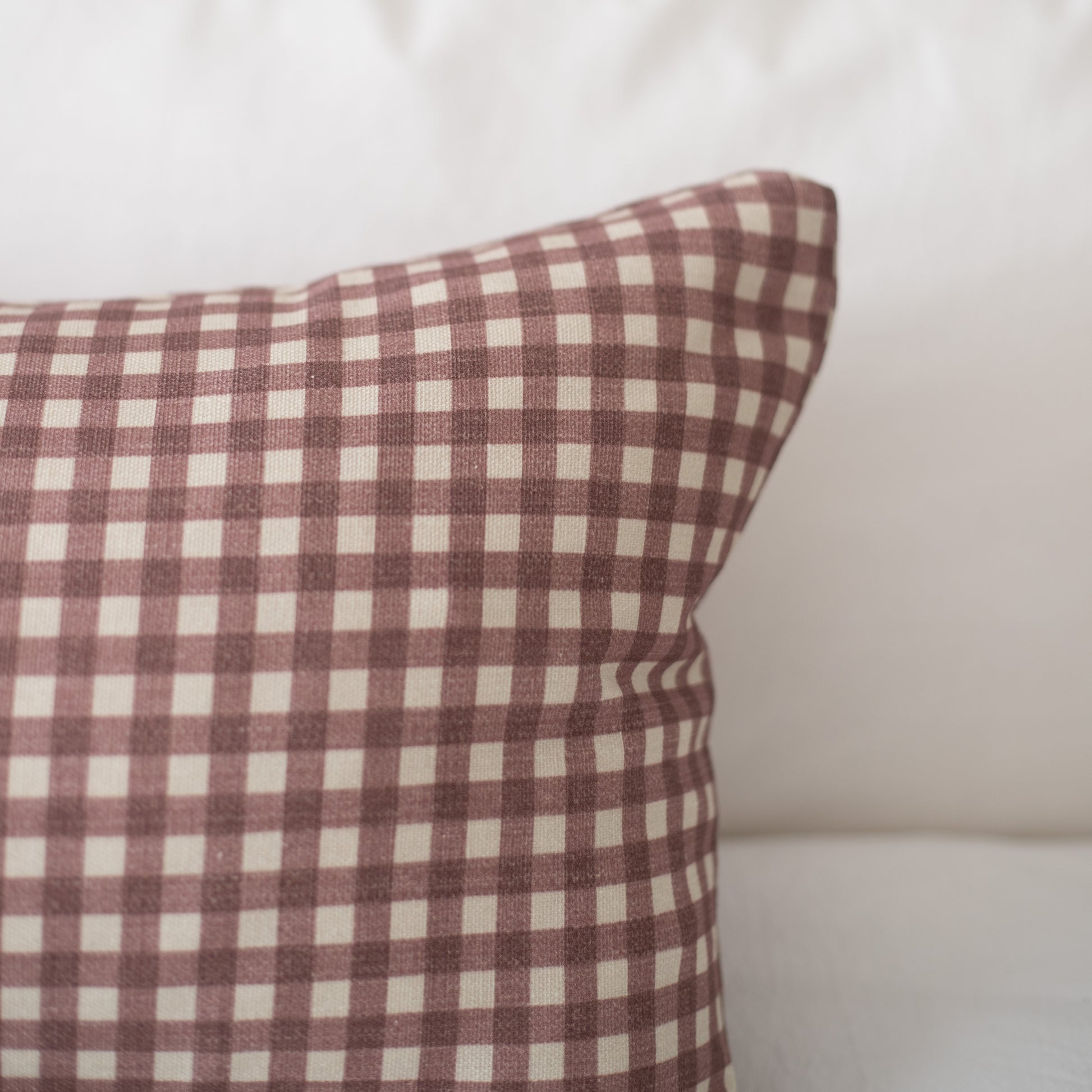 Pillow with rose and cream gingham check pattern.