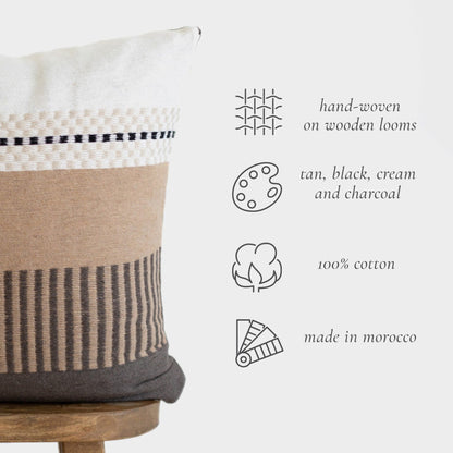 Hand-woven 22" cotton throw in tan, black, cream and charcoal stripes on wooden stand.