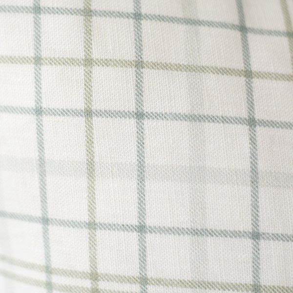 Cream linen with sage green and gray plaid pattern.