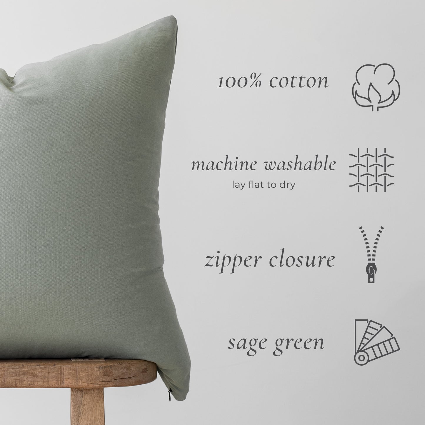Sage green cotton pillow with zipper closure and care information icons.