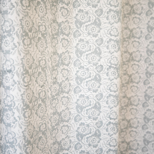 Two sheer curtain panels with gray and white damask floral pattern, 52" x 96".